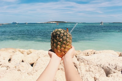 白天在海边拿菠萝的人